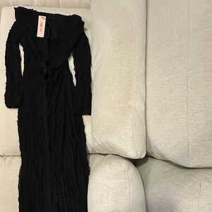 Micas off shoulder textured button up slit long sleeve black maxi dress